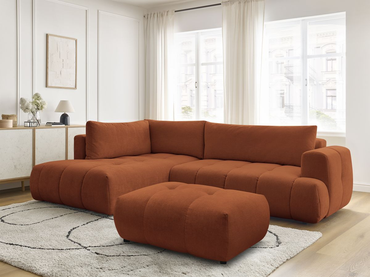 Bobochic Fuji Ecksofa mit Schlaffunktion und Bettkasten und Pouf 282 × 204 cm Stoff Orange Ecke links