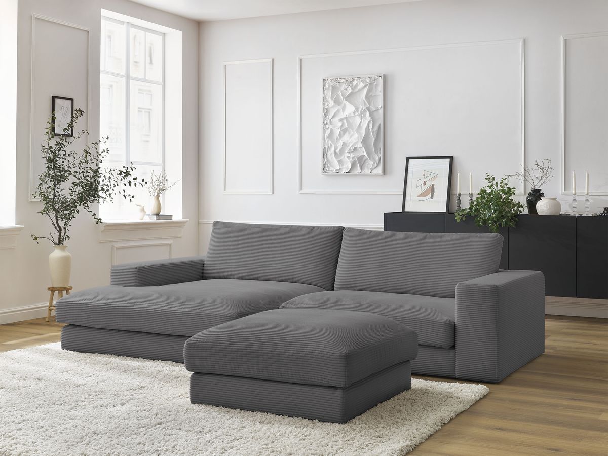 Bobochic Leonard Ecksofa mit Pouf 274 × 159 cm Cordsamt Dunkelgrau Ecke links