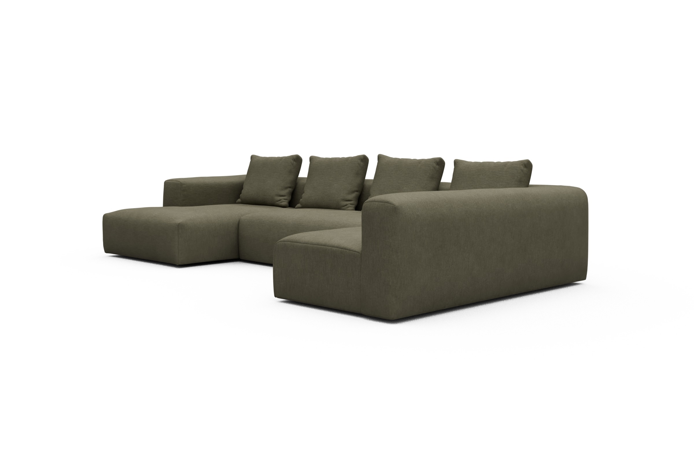 Wohnlandschaft Fred Chaiselongue links mit 2-Sitzer und lange Armlehne rechts Vivus-Dusty-Olive