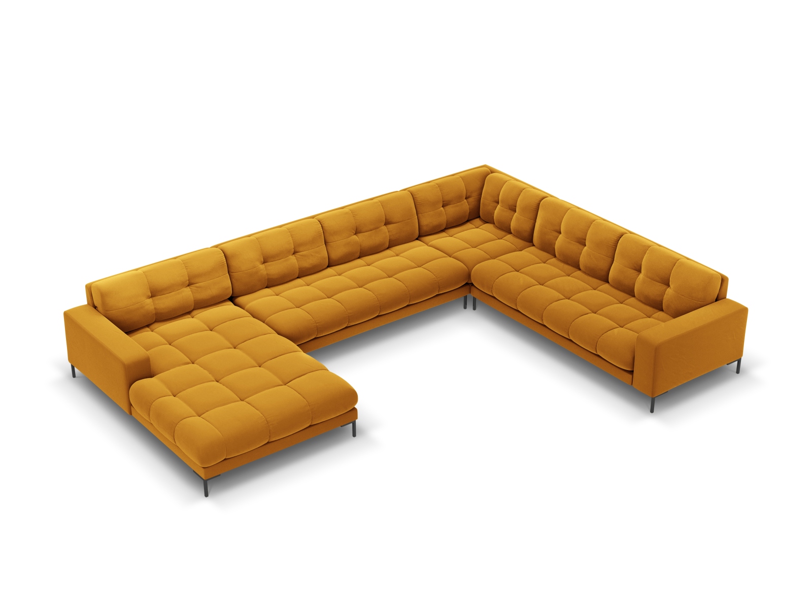 Cosmopolitan Design Panoramasofa Bali 7-Sitzer 327 cm Samt Bluvel Gelb Rechts Beine Schwarzes Metall