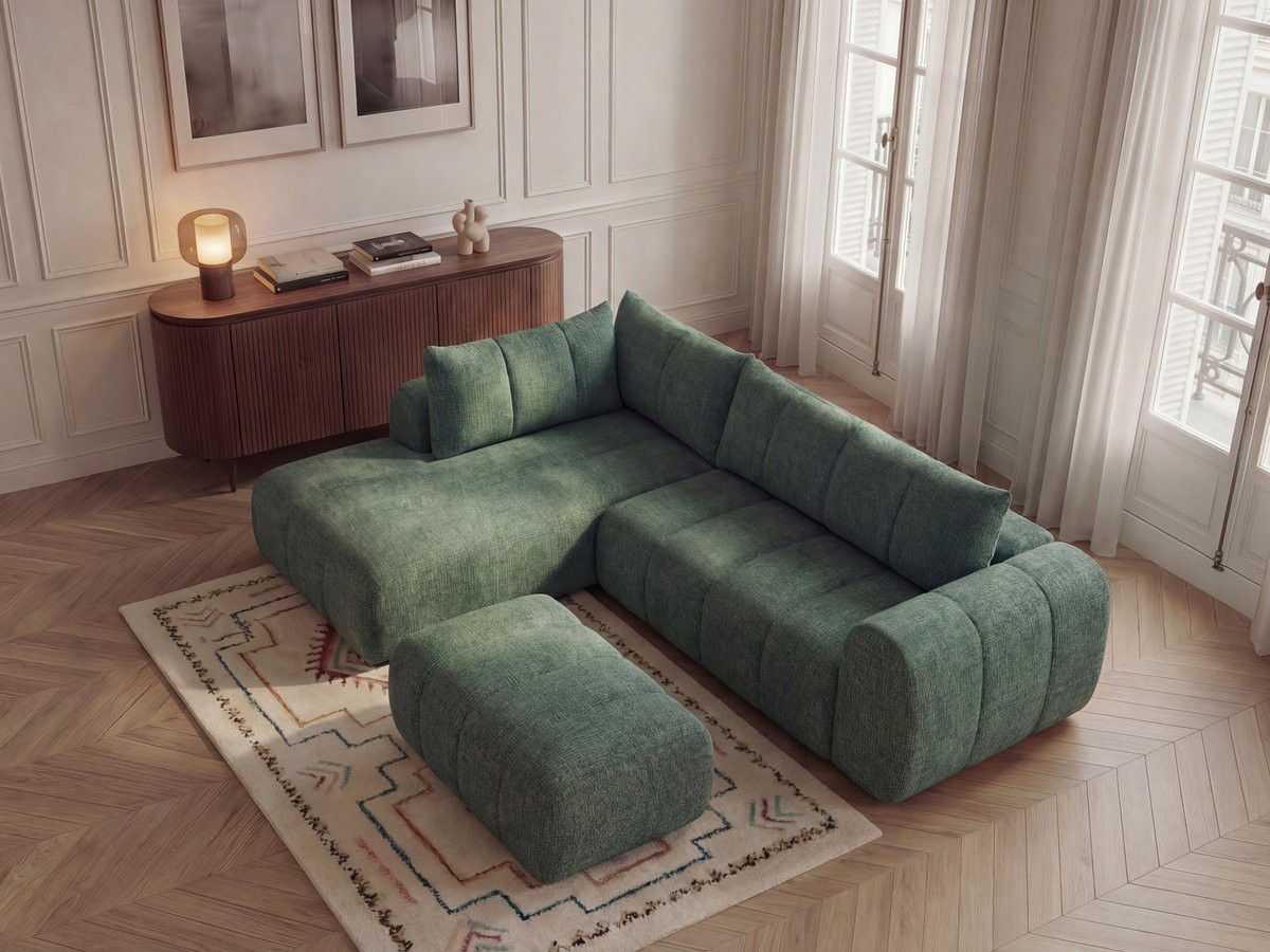 Bobochic Nesty Ecksofa in L-Form, 256 cm, mit Pouf Melange-Stoff Dunkelgrün Ecke links