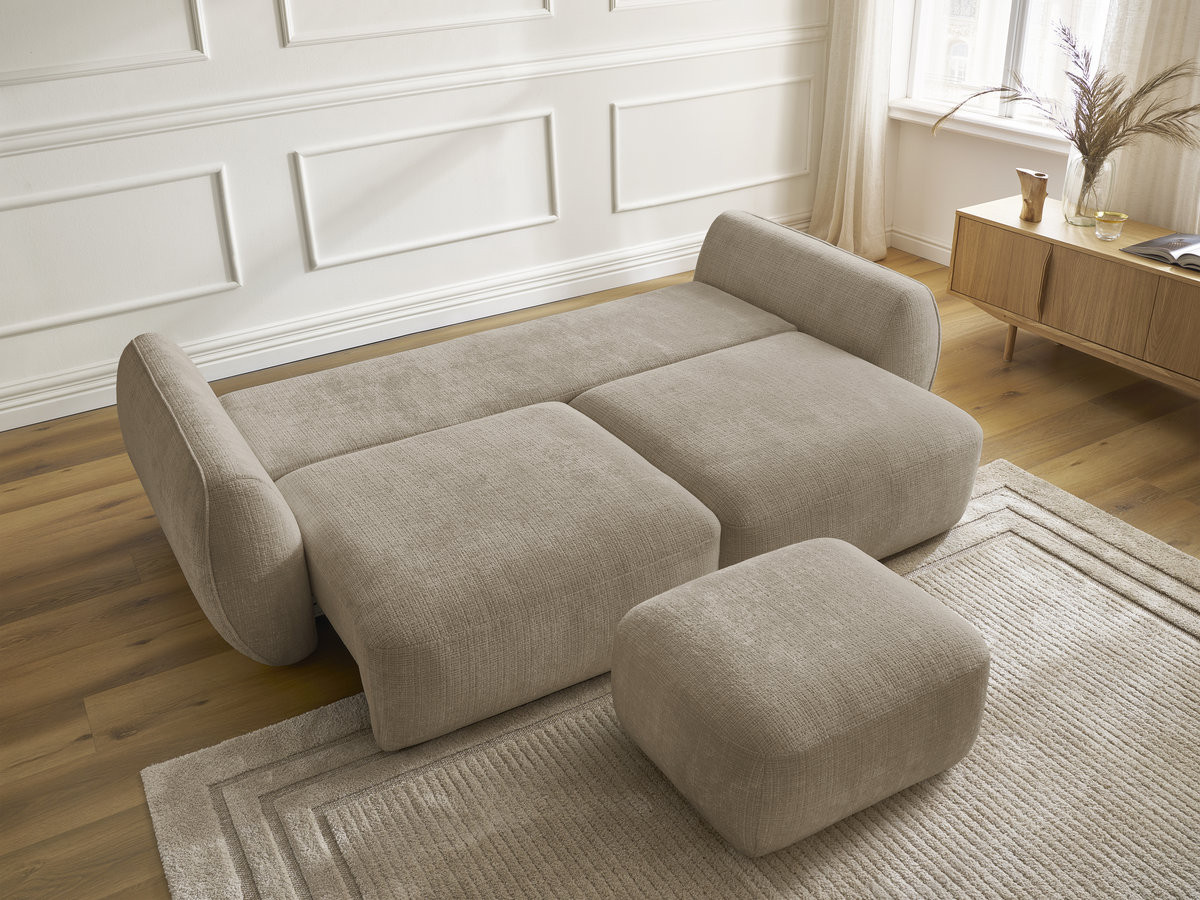 Bobochic Denise Schlafsofa 3-Sitzer mit Bettkasten und Pouf Strukturstoff Taupe