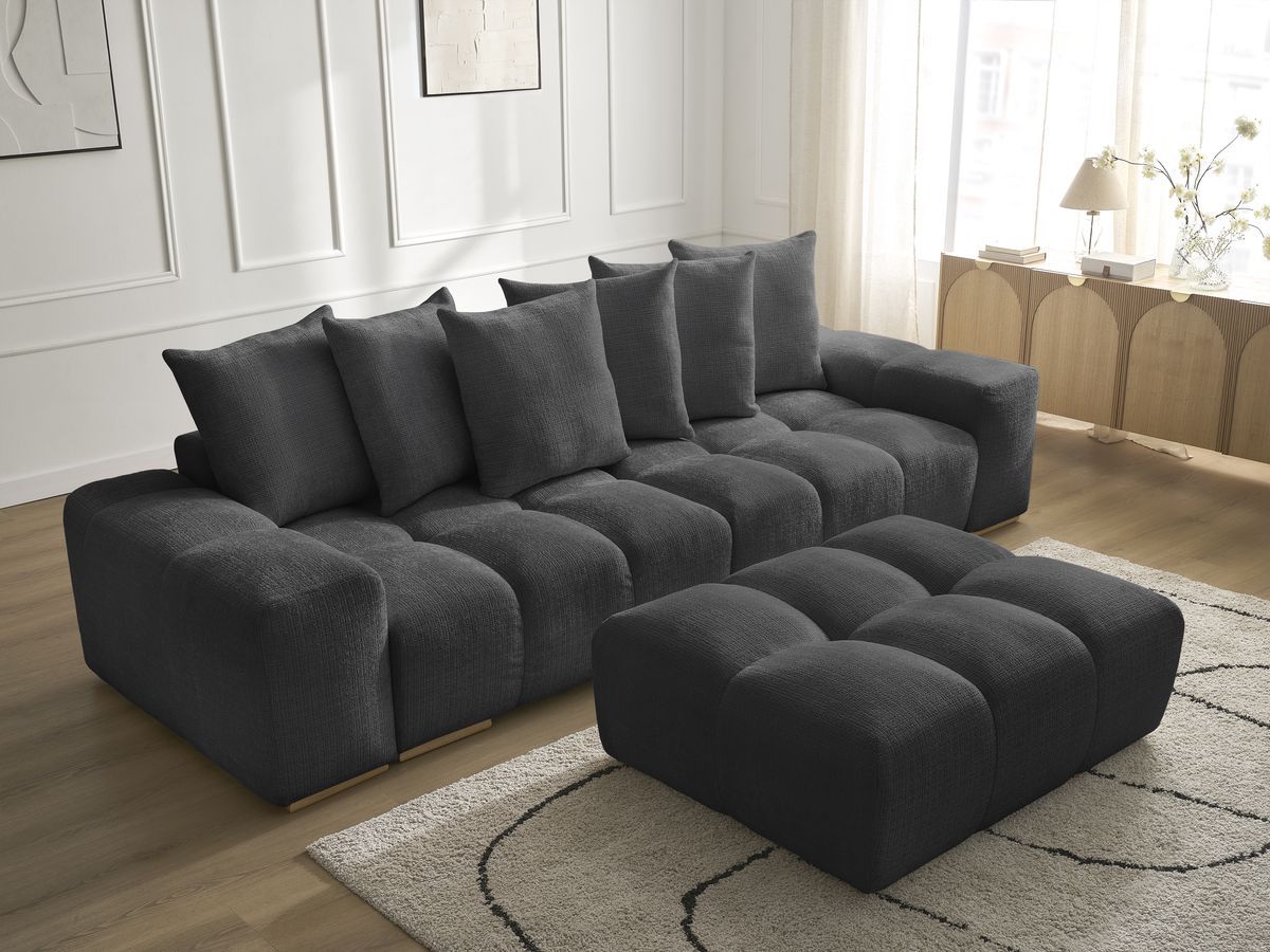 Bobochic Anakin Sofa 3-Sitzer mit Pouf, 6 Kissen Strukturstoff Schwarz