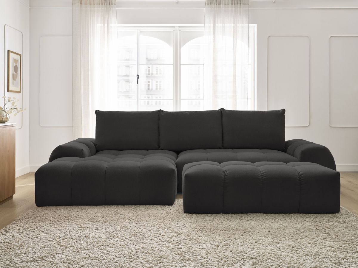 Bobochic Everest Ecksofa mit Schlaffunktion und Bettkasten und Pouf 318 × 180 cm, 3 Kissen Strukturstoff Schwarz Ecke links