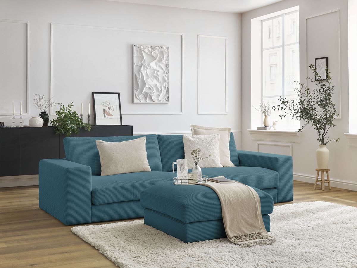 Bobochic Leonard Sofa 4-Sitzer mit Pouf 234 × 109 cm Cordsamt Hellblau