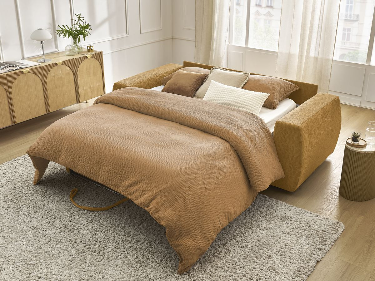 Bobochic Hugo Schlafsofa 3-Sitzer Strukturstoff Gelb, Liegefläche 160 × 190 cm