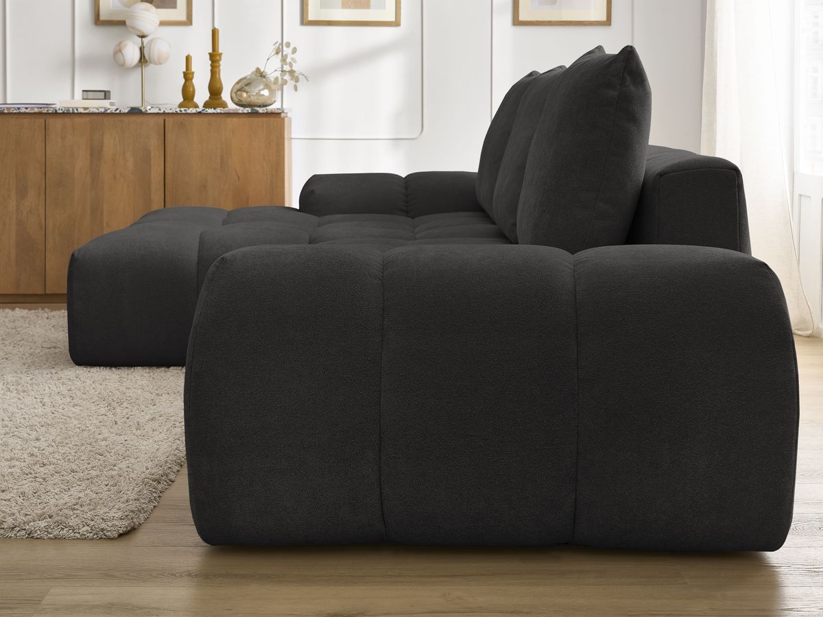 Bobochic Everest Ecksofa mit Schlaffunktion und Bettkasten 318 × 180 cm, 3 Kissen Strukturstoff Schwarz Ecke links