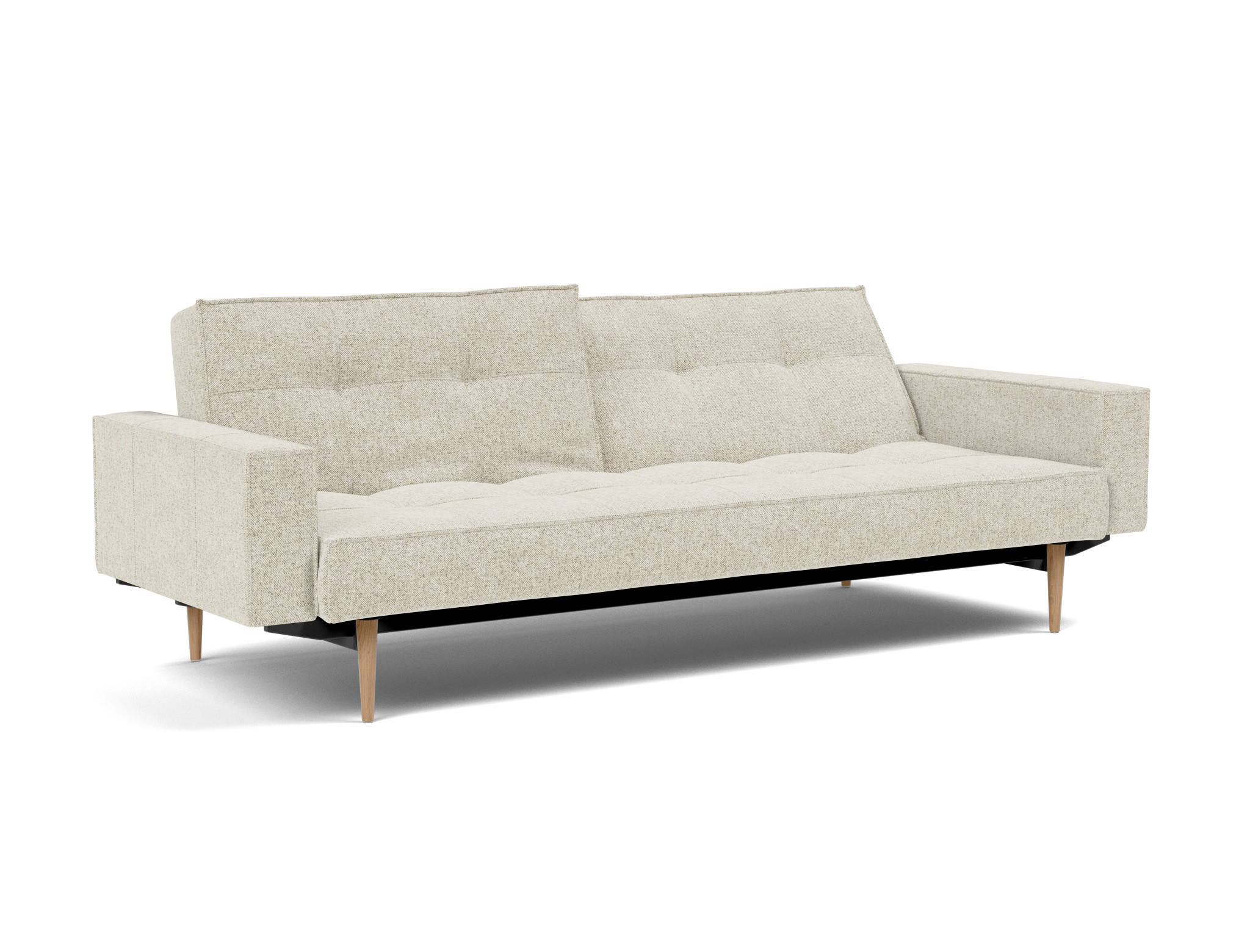 Schlafsofa Splitback mit Armlehnen Strukturierter Stoff Taura 357-Off-White Beine Styletto Eiche hell