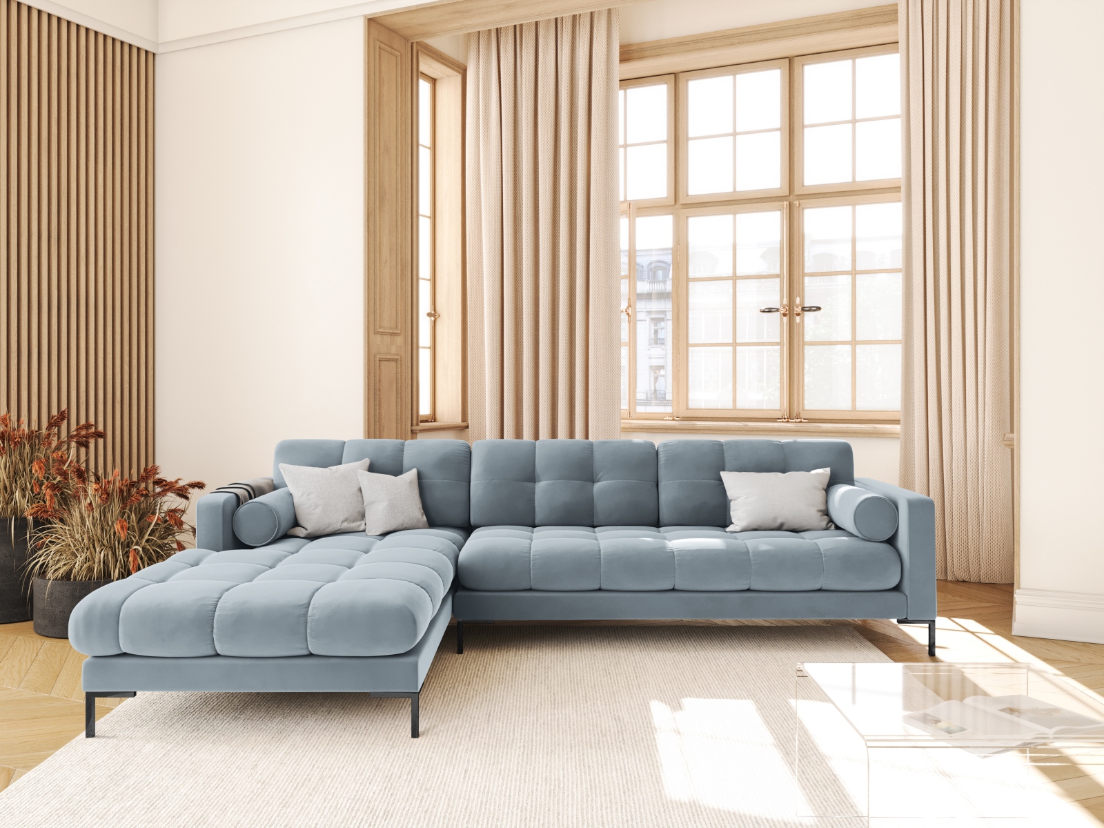 Cosmopolitan Design Ecksofa Bali 5-Sitzer Samt Bluvel Hellblau Links Beine Schwarzes Metall