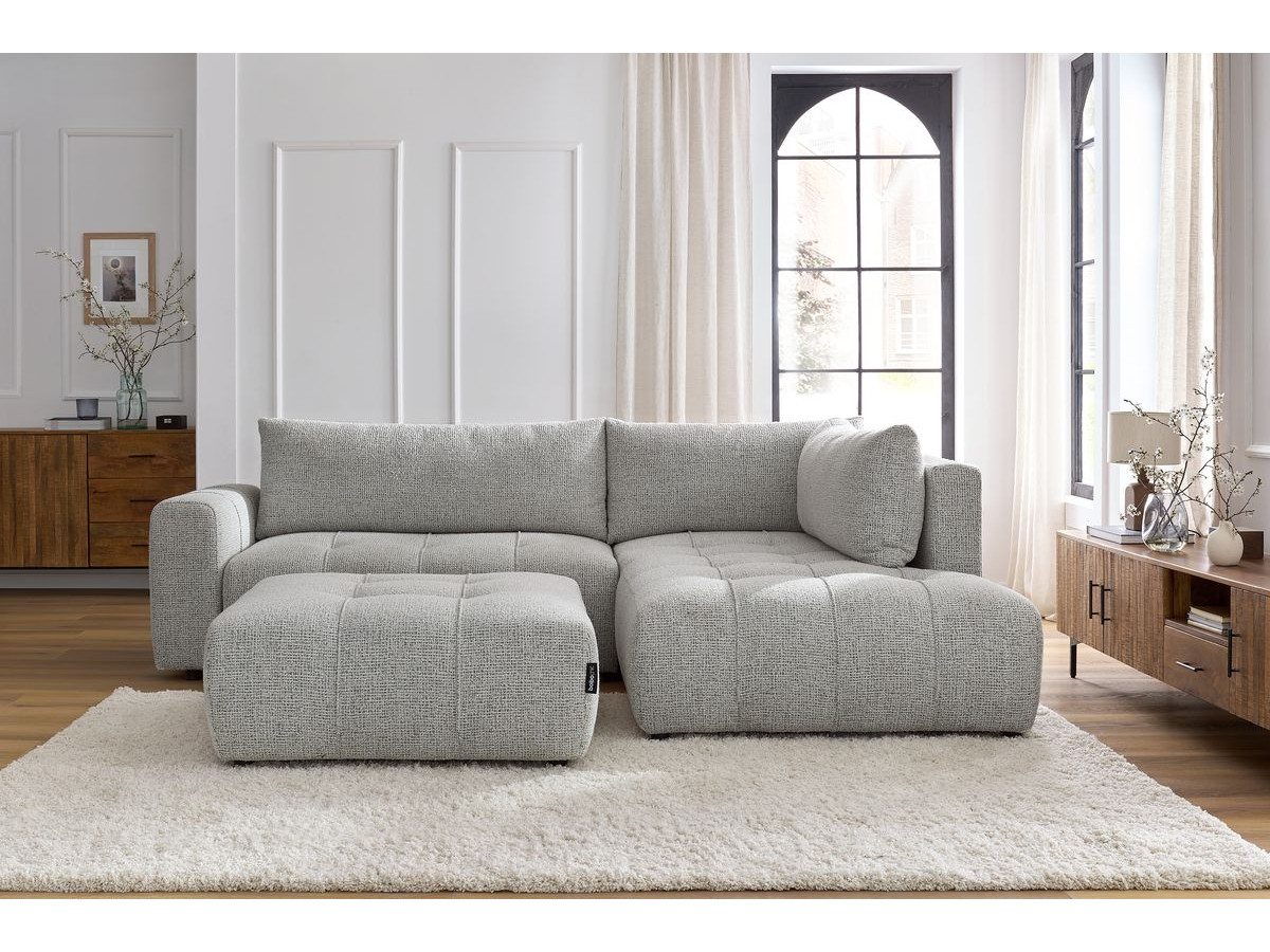 Bobochic Arsene Ecksofa mit Schlaffunktion und Bettkasten und Pouf 277 × 200 cm Melange-Stoff Hellgrau Ecke rechts