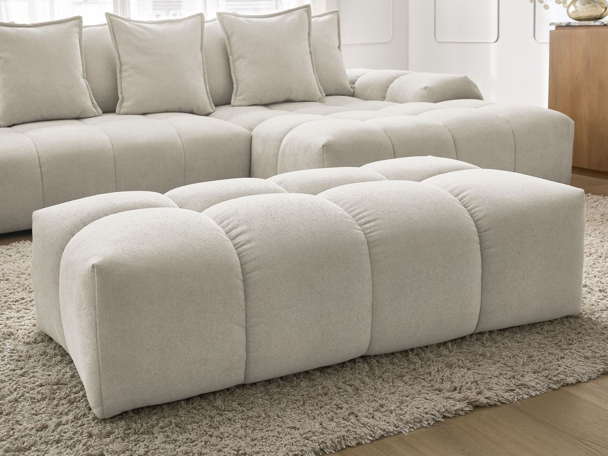 Bobochic Everest Ecksofa mit Schlaffunktion und Bettkasten und Pouf 318 × 180 cm, 7 Kissen Strukturstoff Beige Ecke rechts