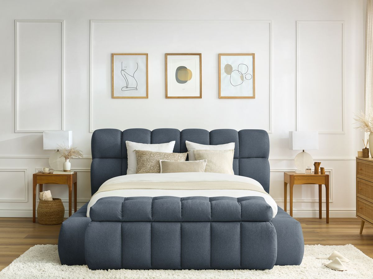 Bobochic Mont-blanc Polsterbett mit Bettkasten mit Bettbank Stoff Dunkelblau, Liegefläche 180 × 200 cm