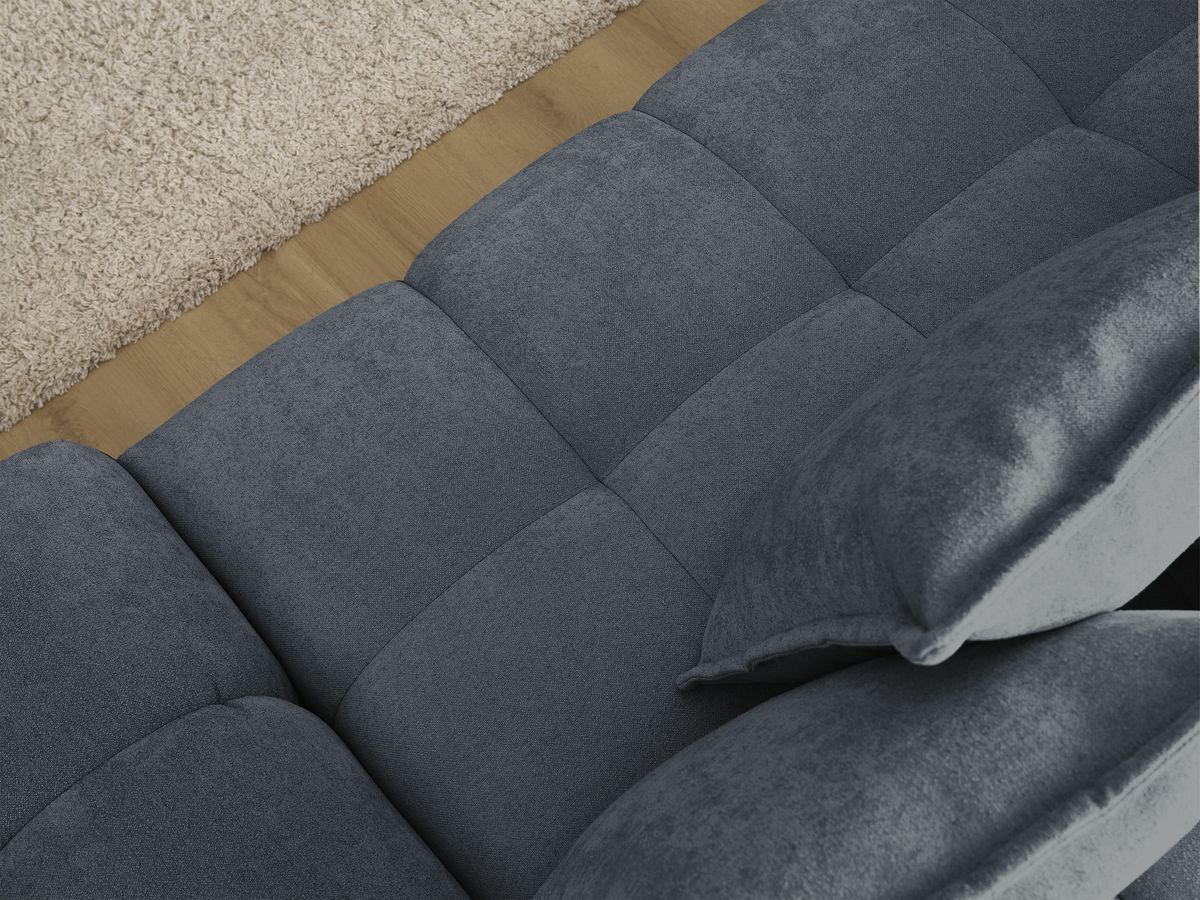 Bobochic Everest Ecksofa mit Schlaffunktion und Bettkasten und Pouf 318 × 180 cm, 7 Kissen Strukturstoff Blau Ecke links