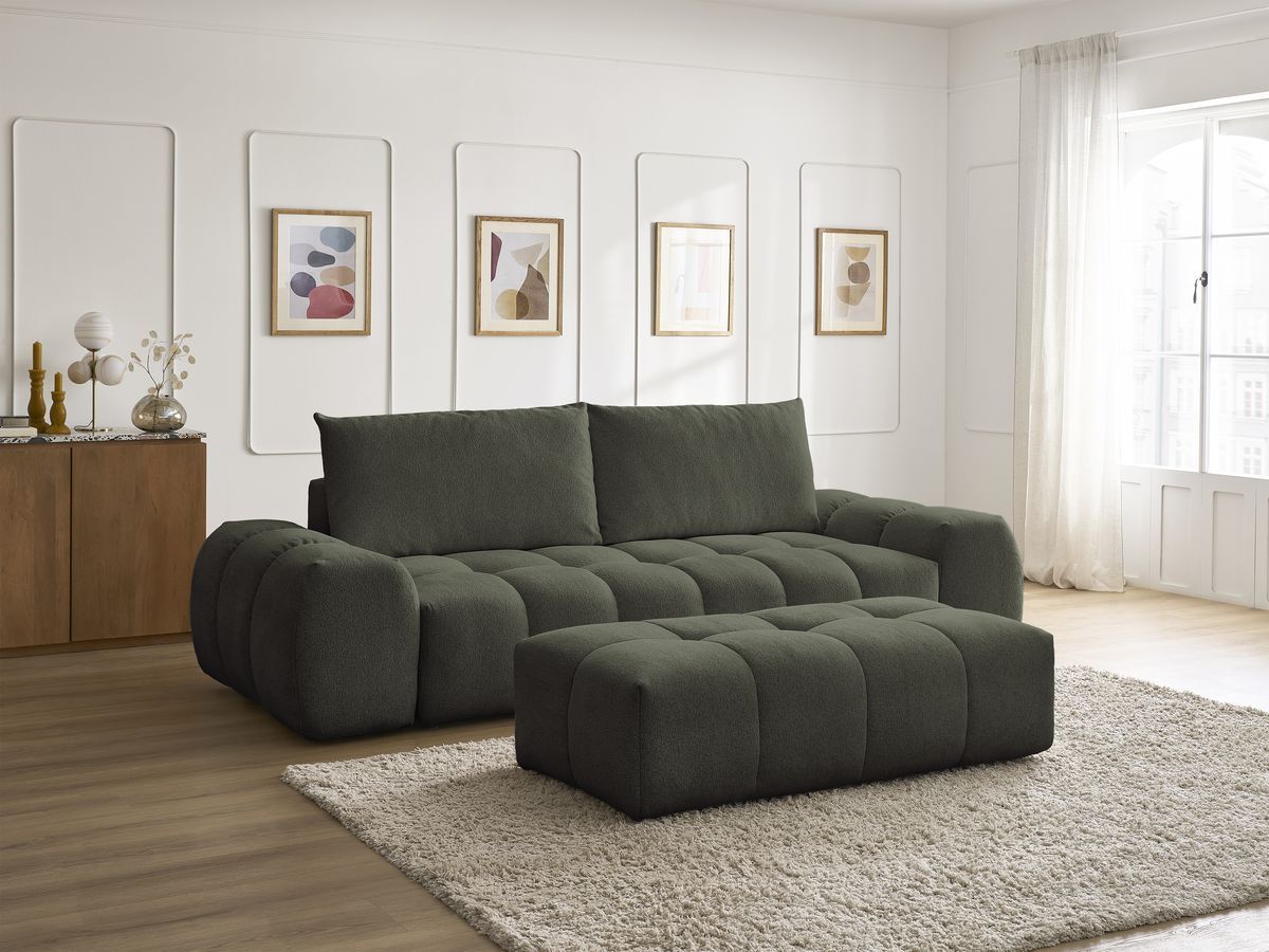 Bobochic Everest Sofa 3-Sitzer mit Pouf, 2 Kissen Melange-Stoff Grün
