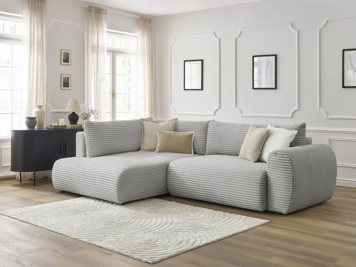 Bobochic Lucien Ecksofa mit Schlaffunktion und Bettkasten 296 × 198 cm Breitcord weich Hellgrau Ecke links
