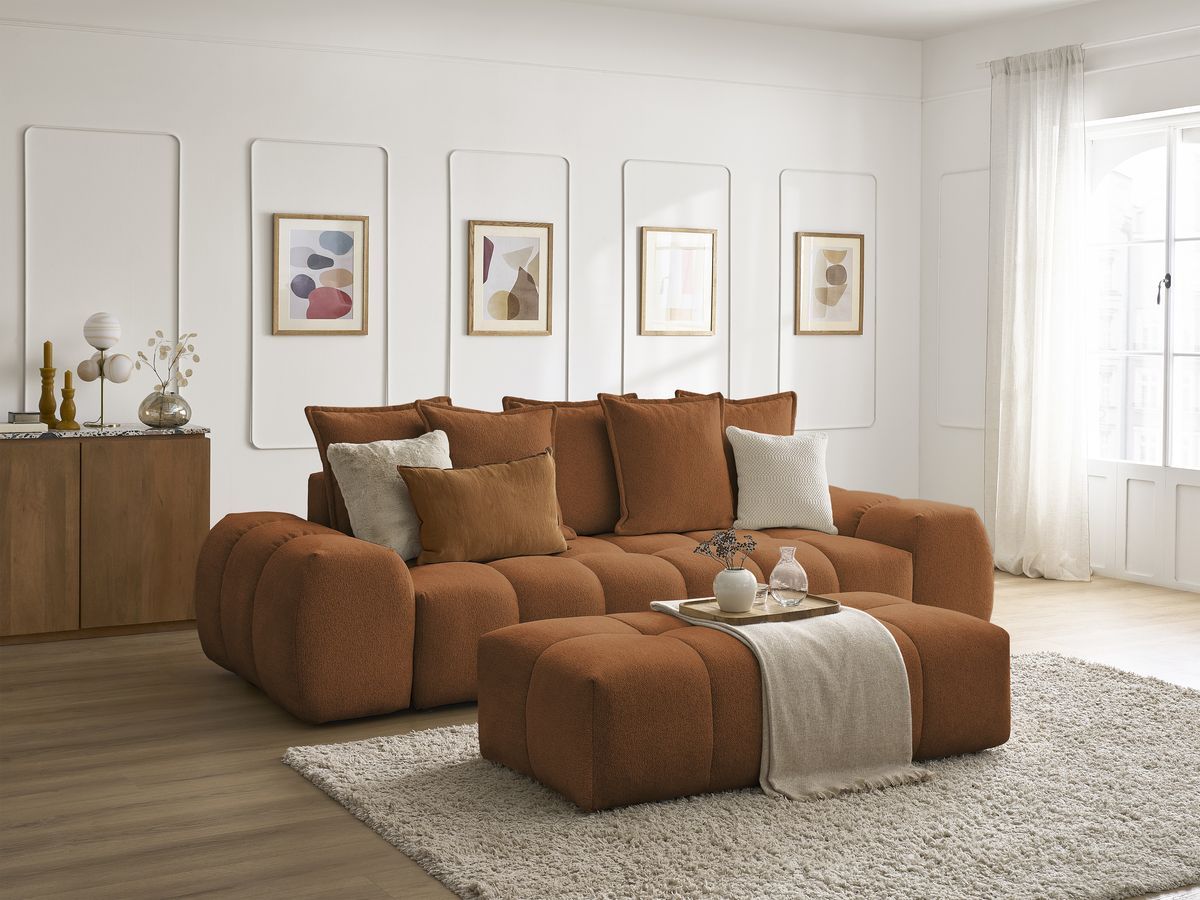 Bobochic Everest Schlafsofa 3-Sitzer mit Bettkasten und Pouf, 5 Kissen Melange-Stoff Orange