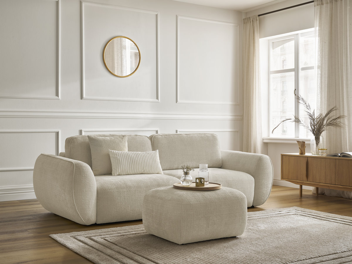 Bobochic Denise Schlafsofa 3-Sitzer mit Bettkasten und Pouf Strukturstoff Beige