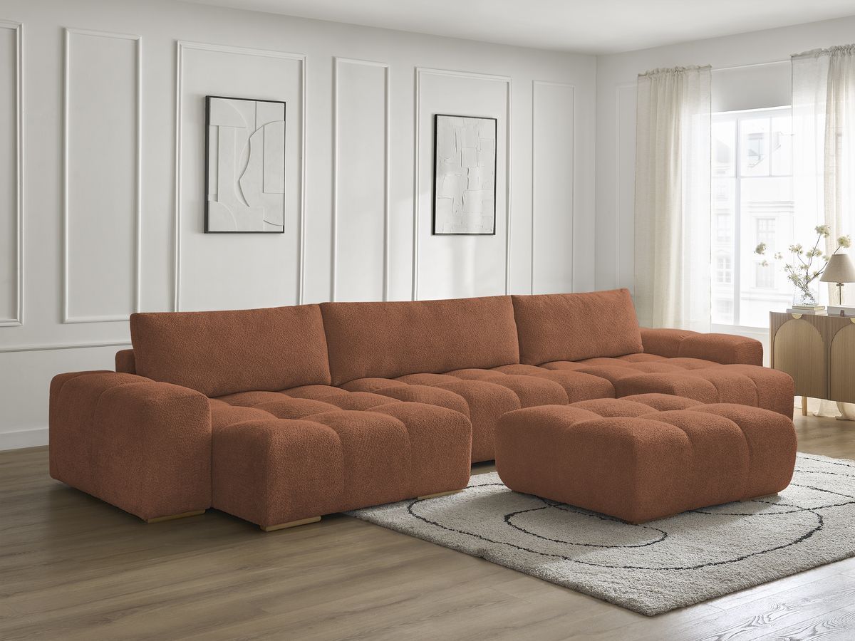 Bobochic Anakin Wohnlandschaft mit Pouf, 3 Kissen Bouclé-Stoff Orange