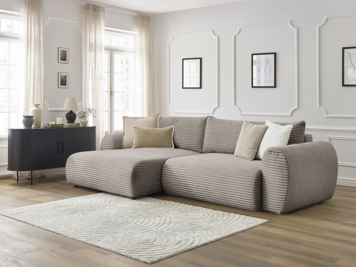 Bobochic Lucien Ecksofa mit Schlaffunktion und Bettkasten 314 × 167 cm Breitcord weich Taupe Ecke links