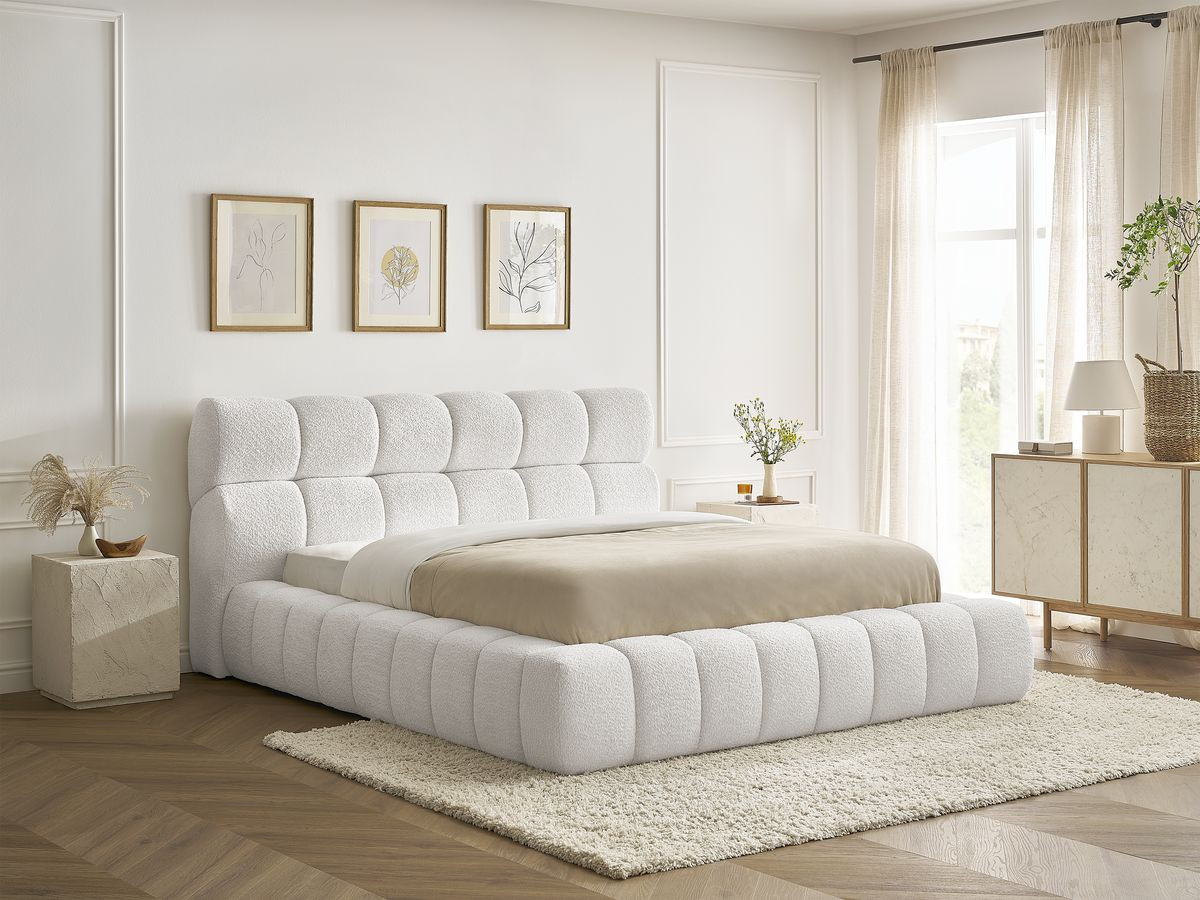 Bobochic Mont-blanc Polsterbett mit Bettkasten Bouclé-Stoff Weiß, Liegefläche 160 × 200 cm