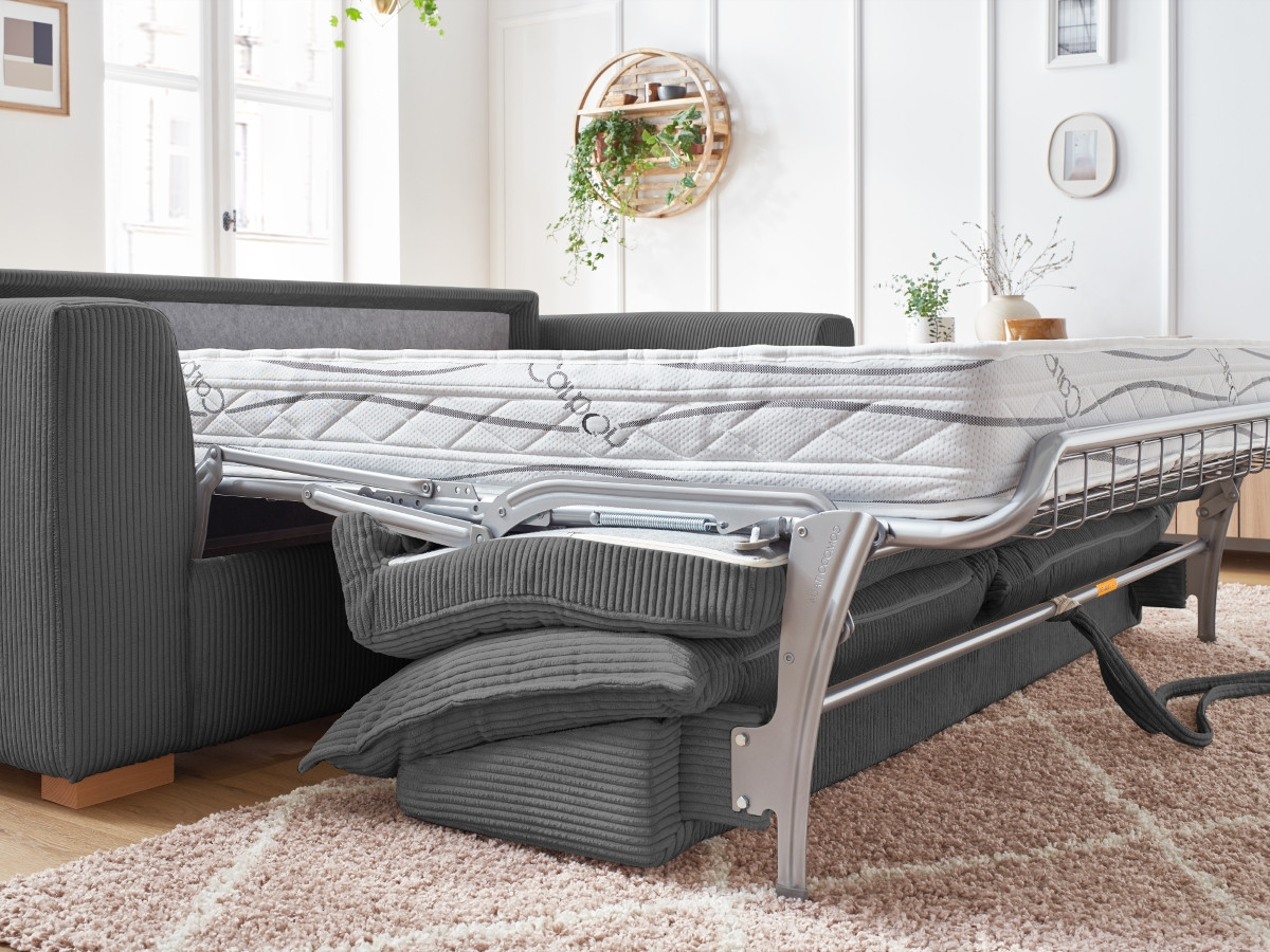 Bobochic Augustin Schlafsofa 3-Sitzer Cordsamt Dunkelgrau, Liegefläche 140 × 200 cm