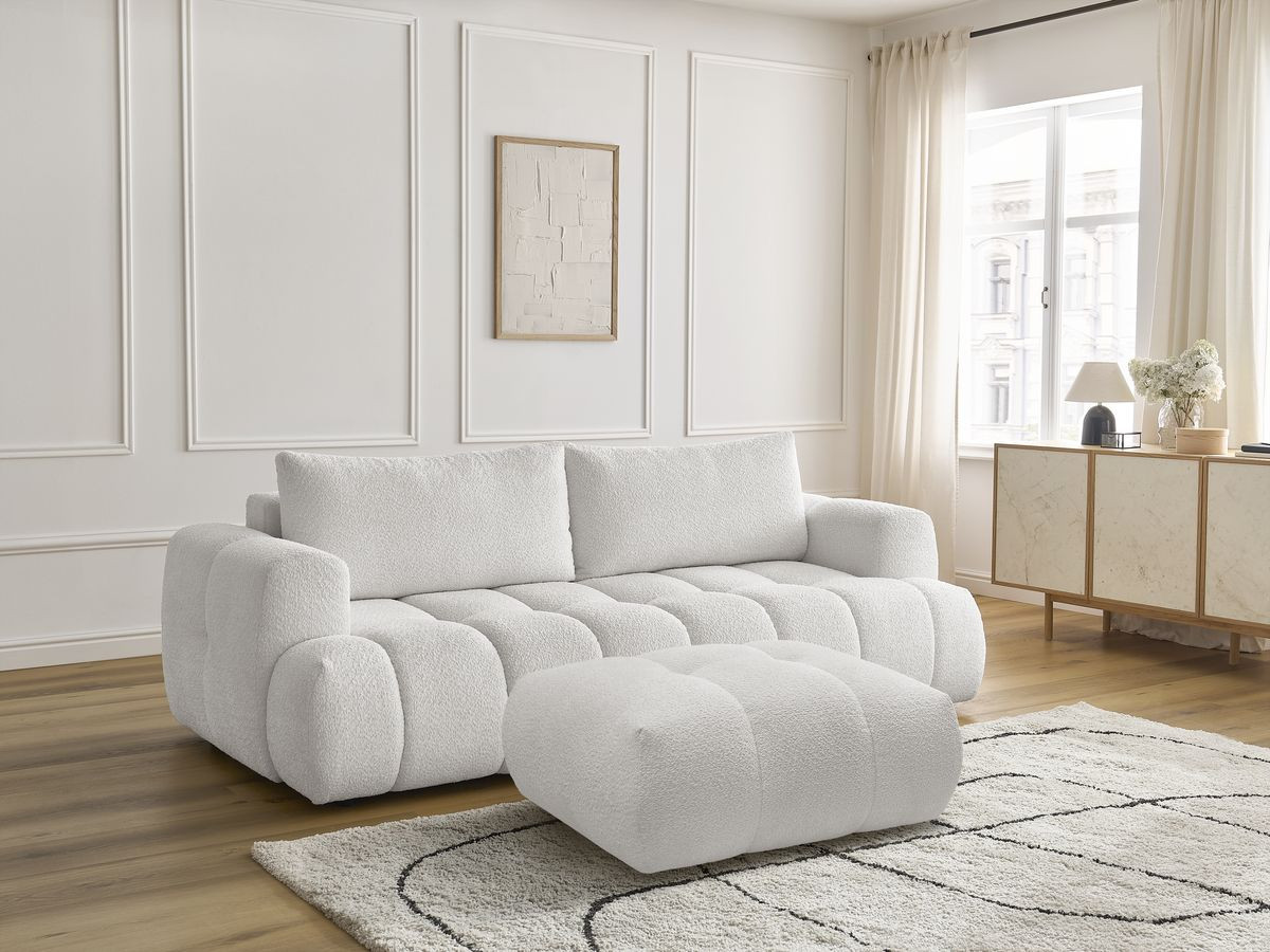 Bobochic Fuji Schlafsofa 3-Sitzer mit Bettkasten und Pouf Bouclé-Stoff Weiß