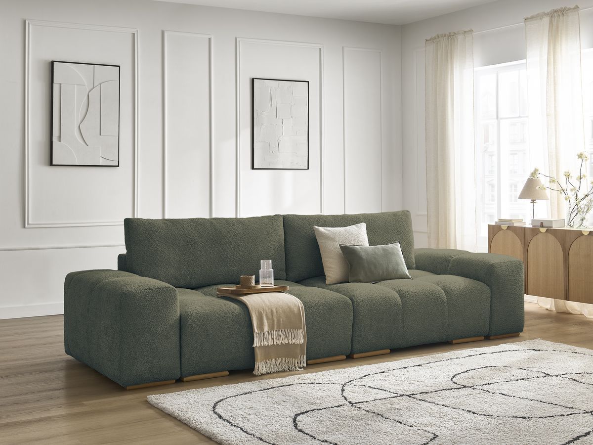 Bobochic Anakin Schlafsofa 3-Sitzer mit Bettkasten, 2 Kissen Bouclé-Stoff Grün