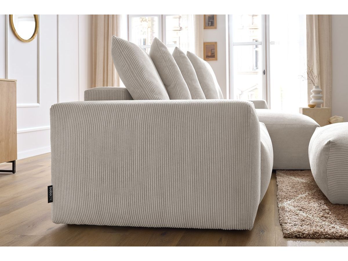 Bobochic Voltaire Ecksofa mit Schlaffunktion und Bettkasten und Pouf Cordsamt Beige