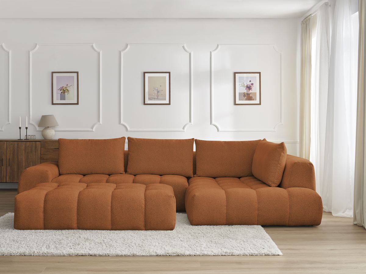 Bobochic Everest Ecksofa mit Schlaffunktion und Pouf, 4 Kissen Melange-Stoff Orange Ecke rechts