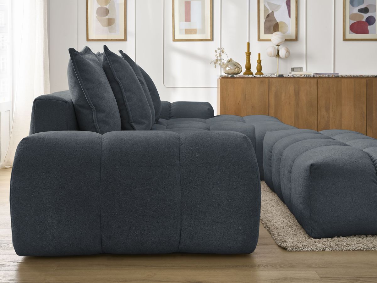 Bobochic Everest Ecksofa mit Schlaffunktion und Bettkasten und Pouf 318 × 180 cm, 7 Kissen Strukturstoff Blau Ecke rechts