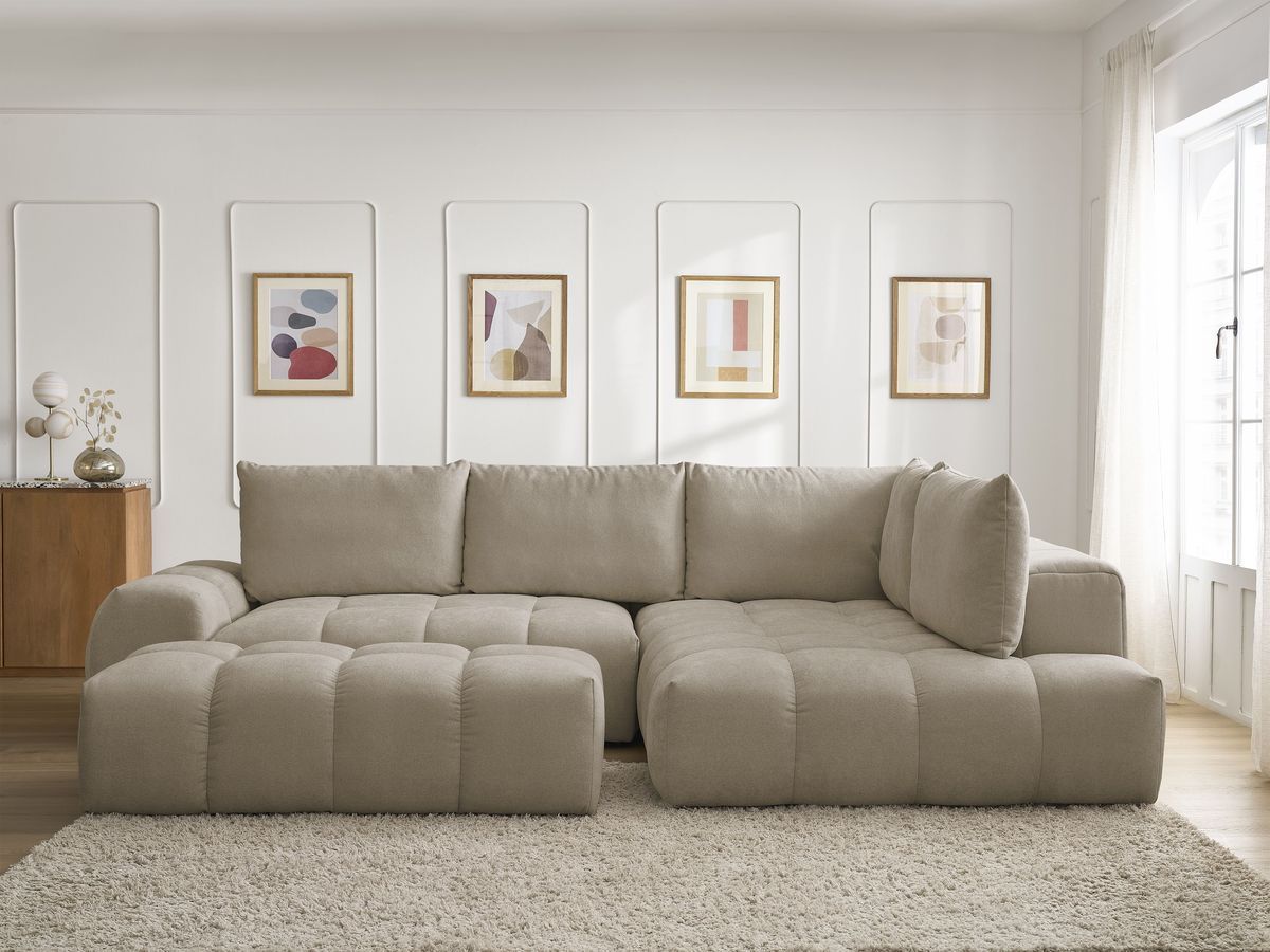 Bobochic Everest Ecksofa mit Schlaffunktion und Bettkasten und Pouf 320 × 212 cm, 5 Kissen Strukturstoff Taupe Ecke rechts