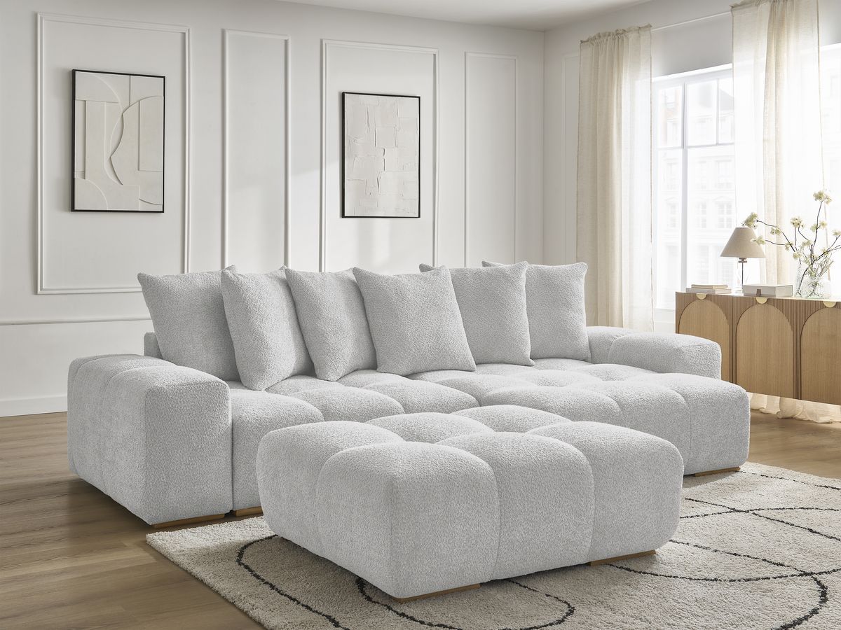 Bobochic Anakin Ecksofa mit Pouf, 6 Kissen Bouclé-Stoff Hellgrau