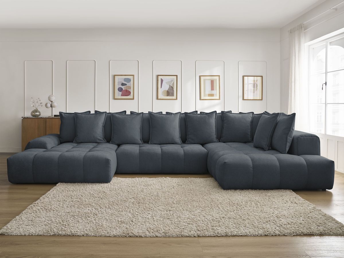 Bobochic Everest Wohnlandschaft, 14 Kissen Strukturstoff Dunkelblau Ecke links