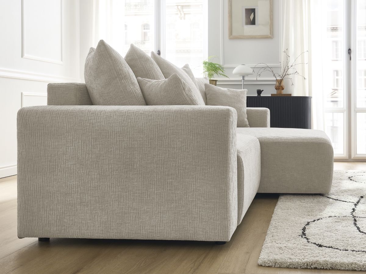 Bobochic Atilla Ecksofa mit Schlaffunktion und Bettkasten Strukturstoff Beige Ecke rechts