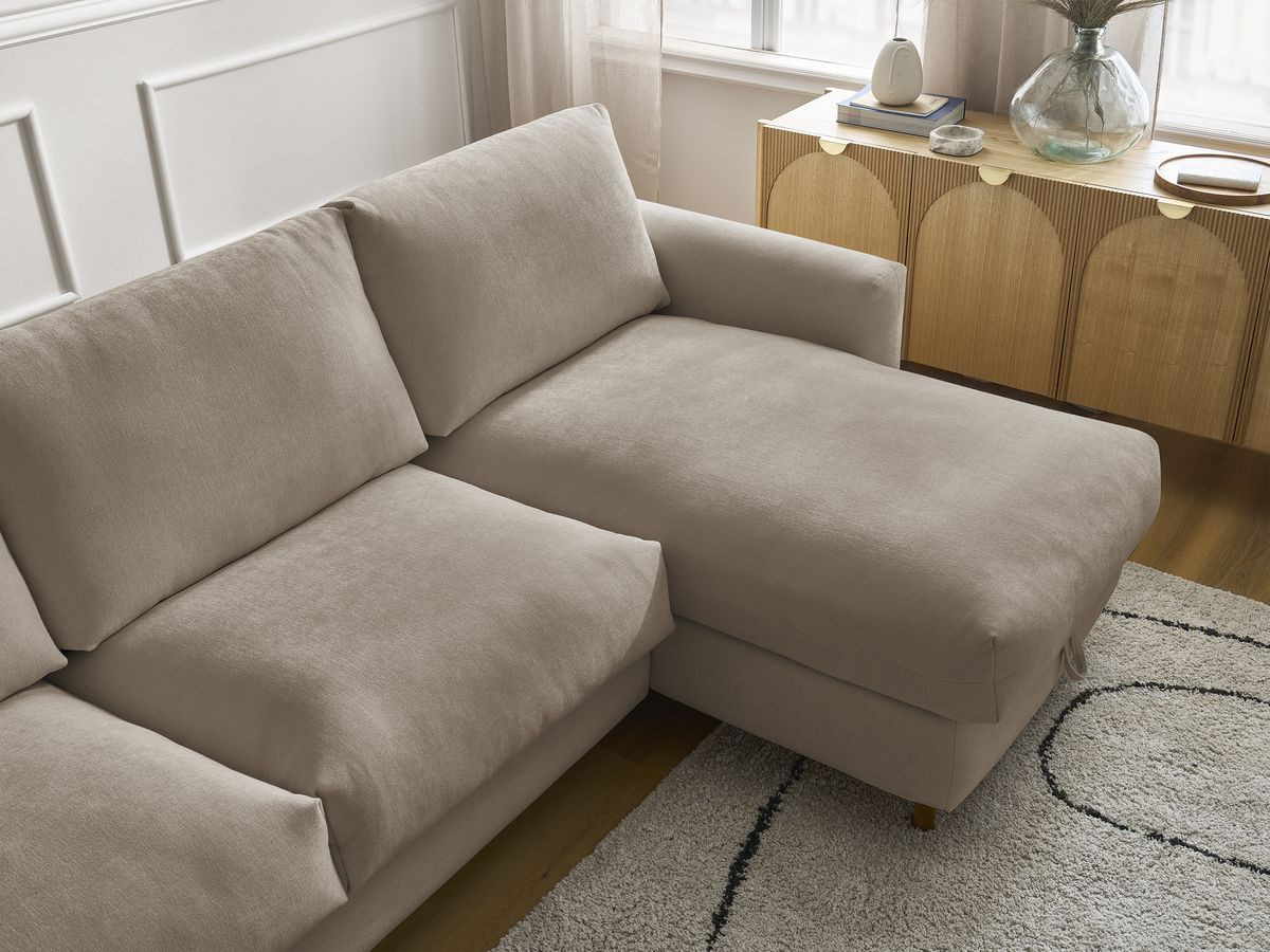 Bobochic Cocoone Ecksofa mit Schlaffunktion und Bettkasten Stoff Taupe, Liegefläche 140 × 200 cm