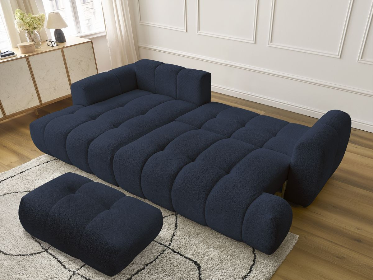 Bobochic Fuji Ecksofa mit Schlaffunktion und Bettkasten und Pouf 292 × 160 cm Bouclé-Stoff Dunkelblau Ecke links