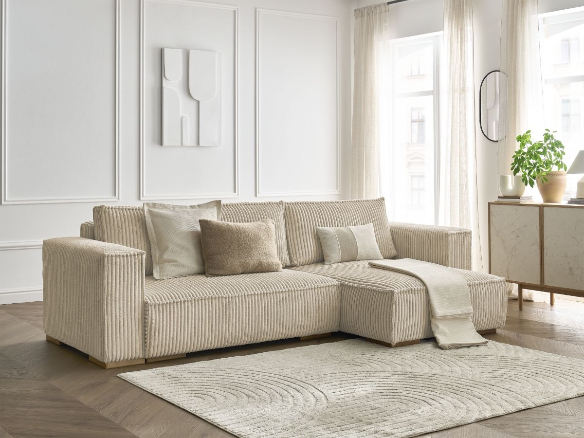 Bobochic Chelsea Ecksofa mit Schlaffunktion und Bettkasten Breitcord weich Taupe