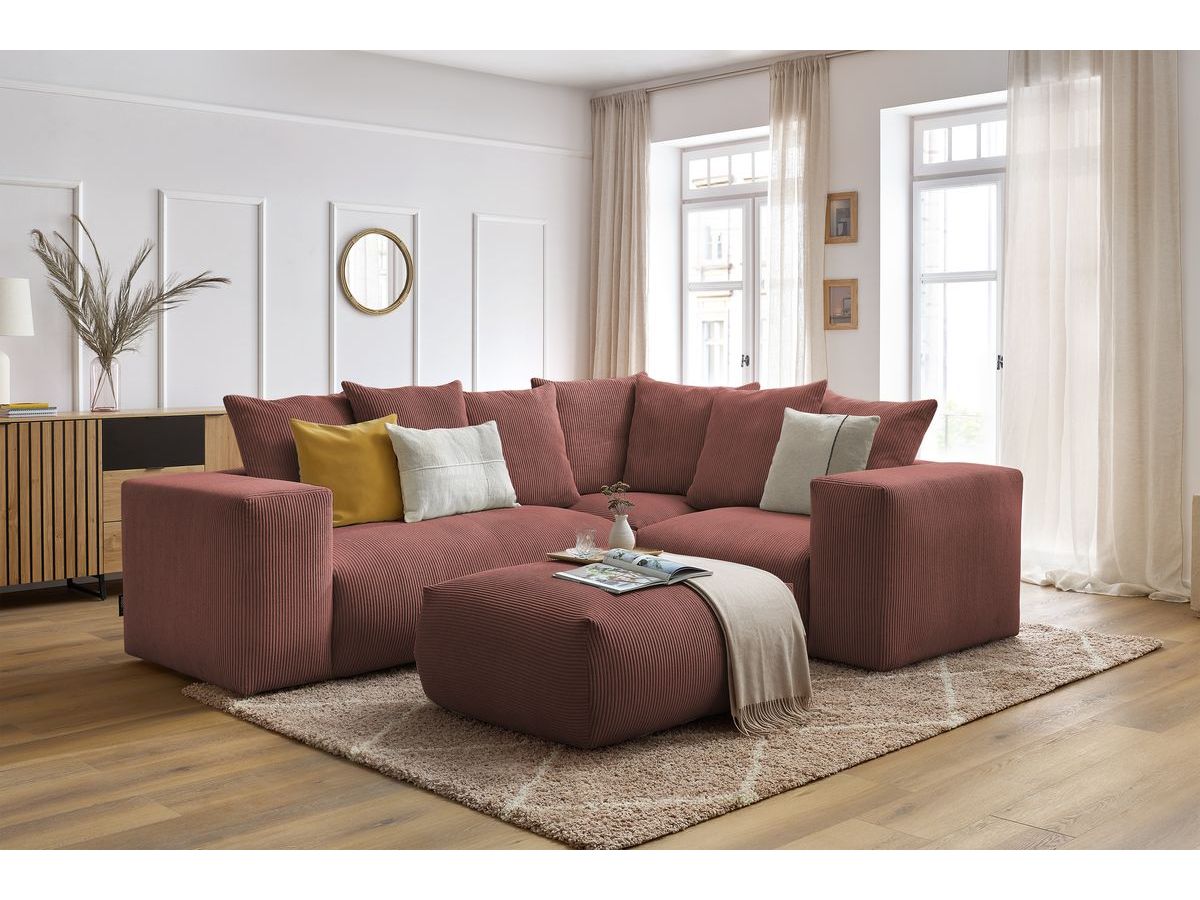 Bobochic Voltaire Ecksofa mit Pouf 268 × 214 cm Cordsamt Rosa Ecke rechts