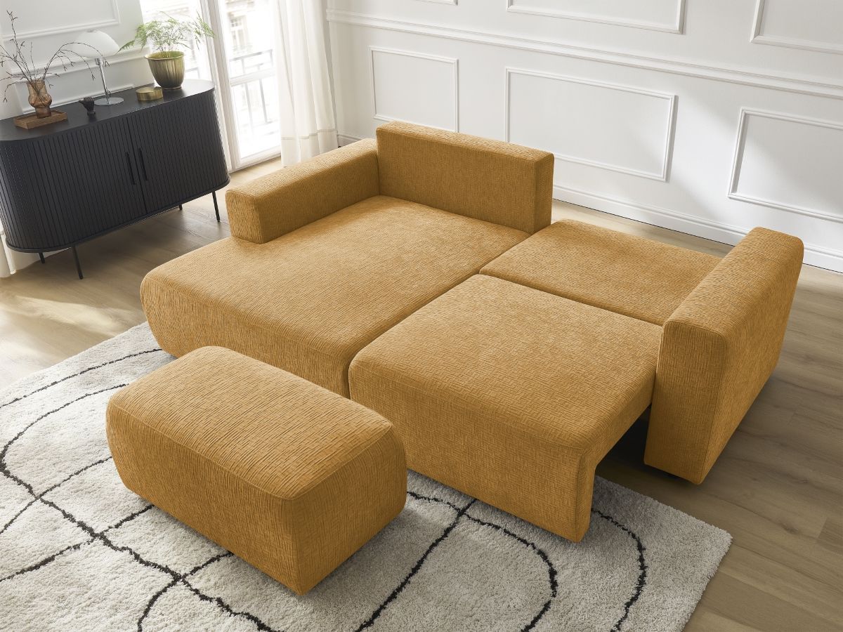 Bobochic Atilla Ecksofa mit Schlaffunktion und Bettkasten und Pouf Strukturstoff Gelb Ecke links