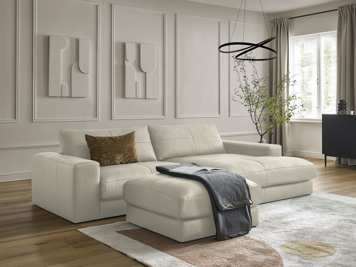 Bobochic Leonard Ecksofa mit Pouf 274 × 159 cm Leder Beige Ecke rechts