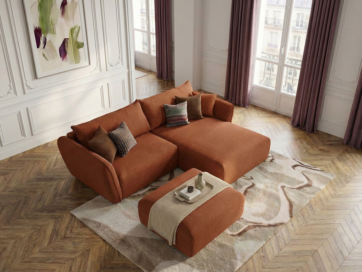 Bobochic Luigi Ecksofa mit Pouf Strukturstoff Orange Ecke rechts