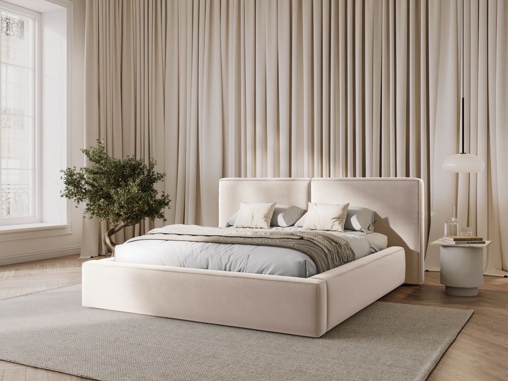 Cosmopolitan Design Stauraumbett mit doppeltem Kopfteil Arendal 140x200 Samt Bluvel Helles Beige