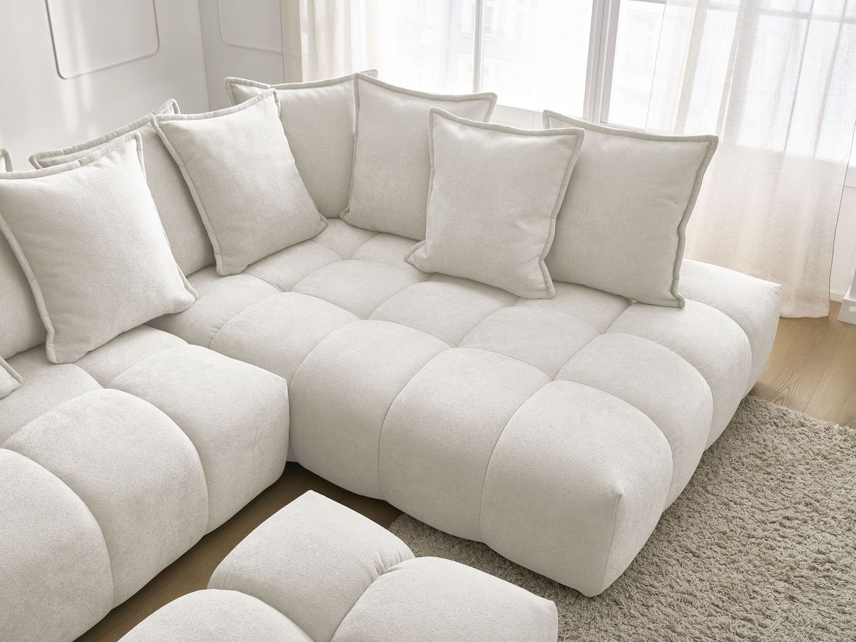 Bobochic Everest Ecksofa mit Schlaffunktion und Bettkasten und Pouf 320 × 212 cm, 10 Kissen Strukturstoff Weiß Ecke rechts