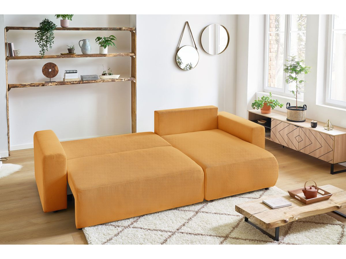 Bobochic Envy Ecksofa mit Schlaffunktion und Bettkasten und Pouf Cordsamt Gelb