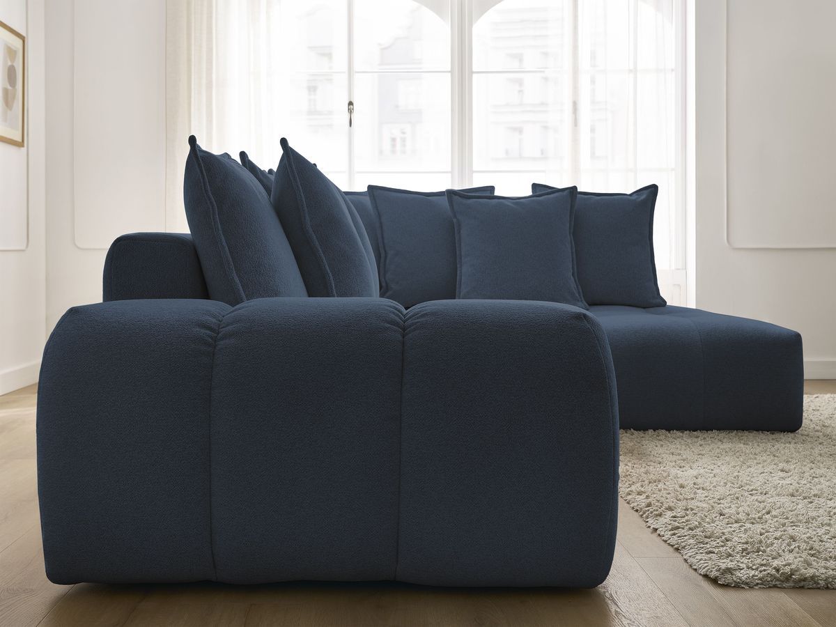 Bobochic Everest Ecksofa mit Schlaffunktion und Bettkasten 320 × 212 cm, 10 Kissen Melange-Stoff Dunkelblau Ecke rechts