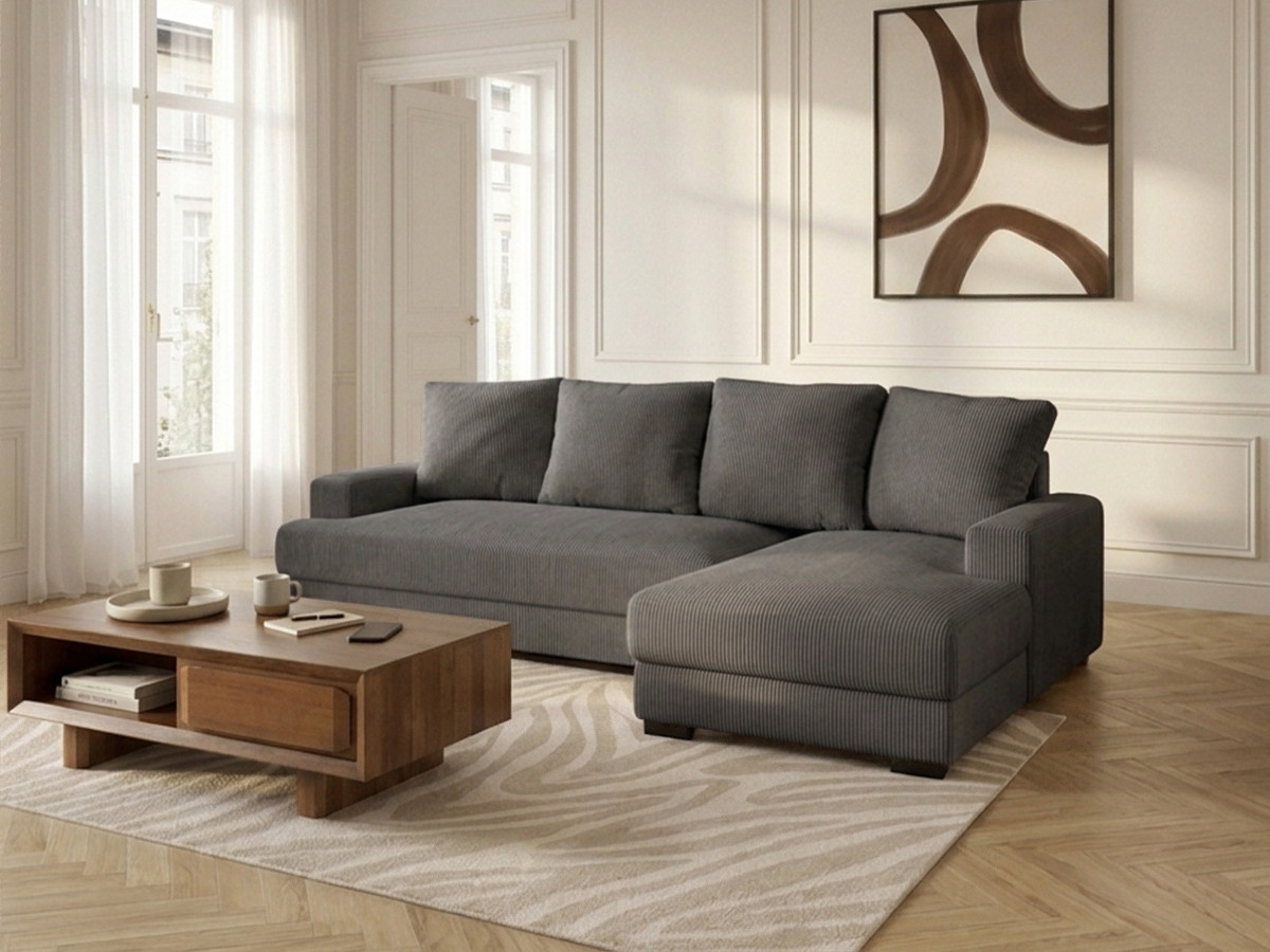 Bobochic Campi Ecksofa mit Schlaffunktion und Bettkasten Cordsamt Dunkelgrau Ecke rechts