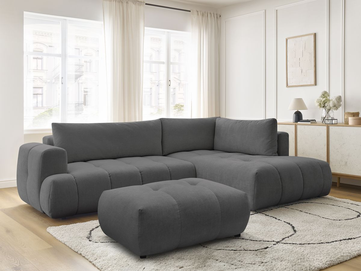 Bobochic Fuji Ecksofa mit Schlaffunktion und Bettkasten und Pouf 282 × 204 cm Stoff Dunkelgrau Ecke rechts