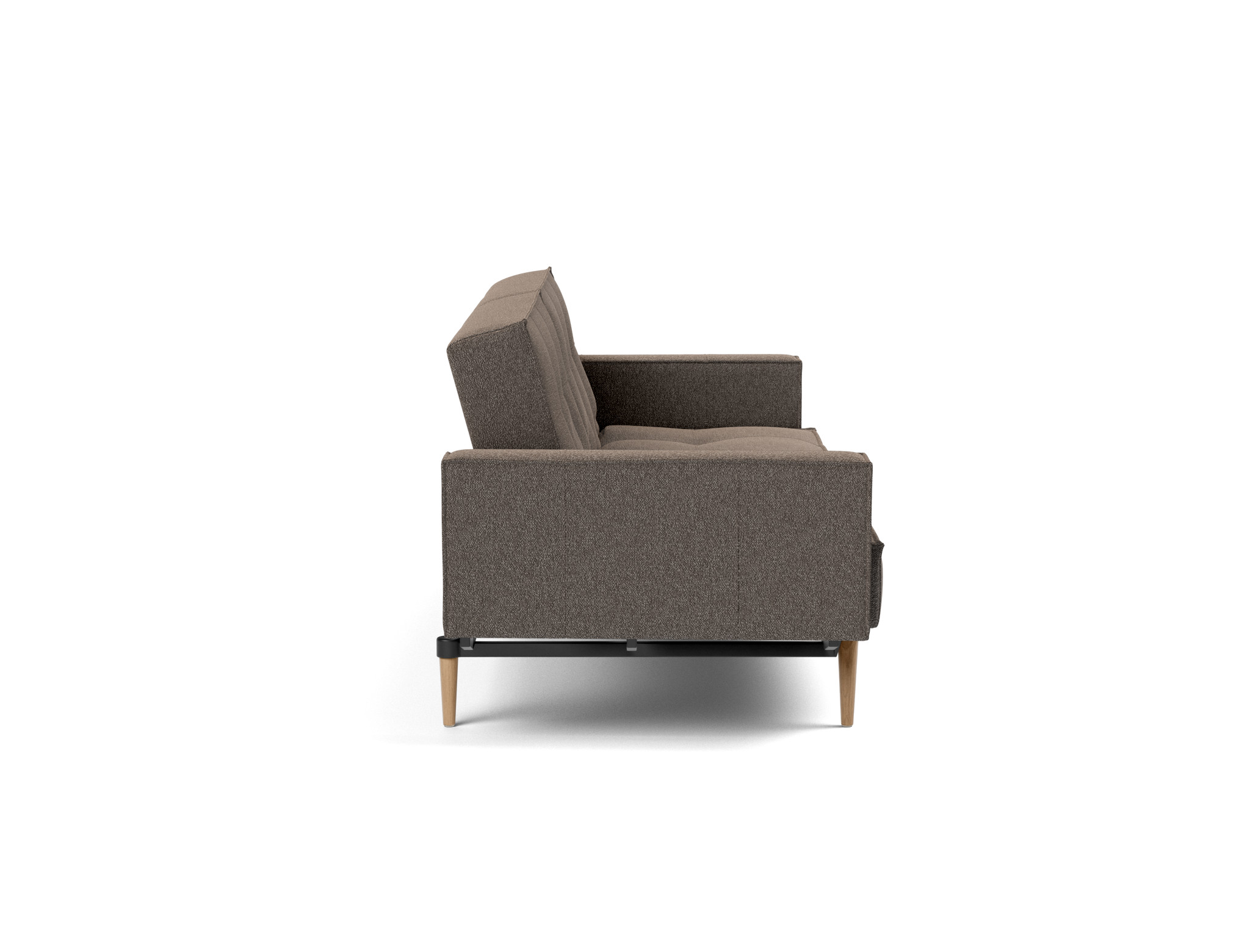 Schlafsofa Splitback mit Armlehnen Boucle Skandi 530-Taupe Beine Styletto Eiche hell