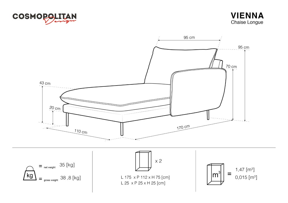 Cosmopolitan Design Chaiselongue Vienna Samt Bluvel Dunkelgrau Melange Rechts Beine Gold