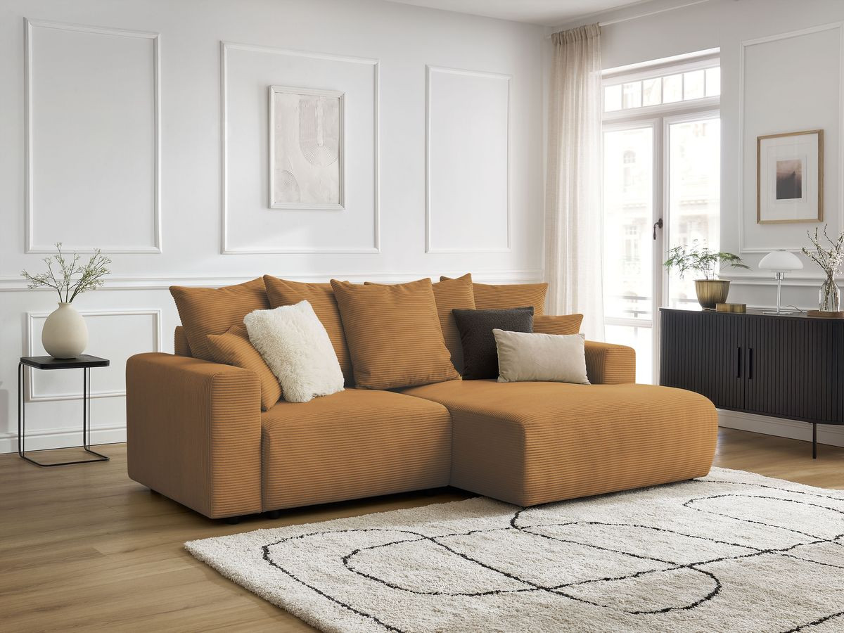 Bobochic Atilla Ecksofa mit Schlaffunktion und Bettkasten Cordsamt Gelb Ecke rechts